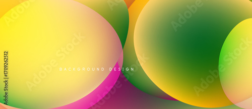 Abstract colorful circles overlap creating vibrant gradients. Pink, yellow, green hues blend smoothly. Modern design element.