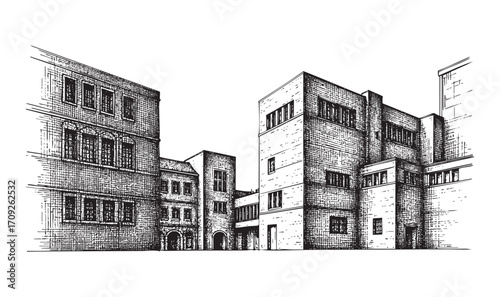 Urban Street with Old City Buildings Hand-Drawn