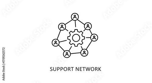 Vector illustration of support network concept a group of people connected to a central gear, representing collaboration and teamwork