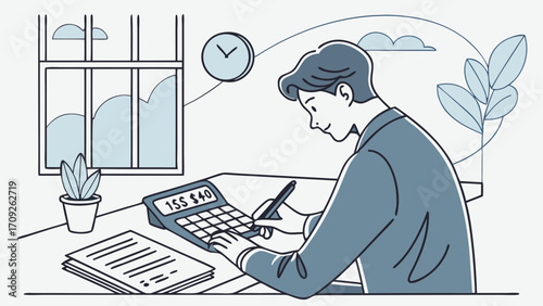 Illustration of a person working at a desk with a calculator and documents.