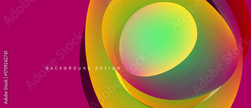 Abstract colorful layers create dynamic visual effect. Pink dominates left side, vibrant circles center image. Modern design element.