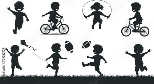 Silhouette collection of children playing outdoor activities including cycling, running, skipping rope, kite flying, and ball games for fun.