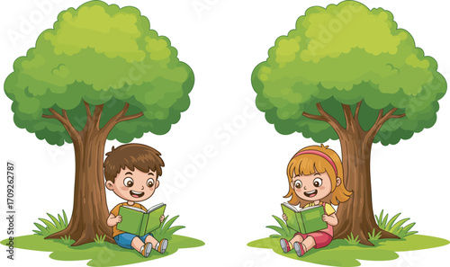 Cute boy and girl reading books under tree illustration in cartoon style for education learning concept children study outdoor vector
