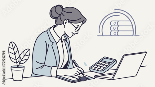 Illustration of a person working at a desk with a laptop and calculator.