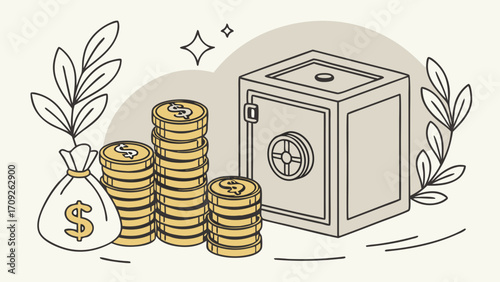 Illustration of a safe stacks of coins and a money bag Financial security wealth and investment concept.