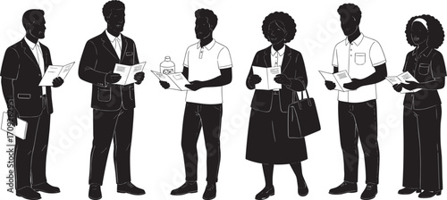 Silhouette group of diverse business people and professionals holding documents, brochures, and papers standing together for meeting and communication.