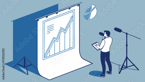 Isometric Illustration Businessman Filming Presentation with Growth Chart Studio Setup Marketing Data Analysis.