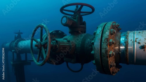 Industrial underwater pipeline valve with rust and bolts showing vital infrastructure for gasification, video