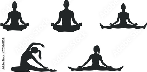 Silhouette yoga poses collection of men and women practicing meditation, stretching, balance, and flexibility exercises for health and wellness.