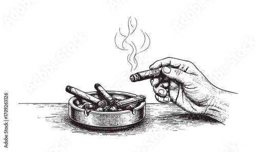 Hand Holding a Lit Cigar Over an Ashtray Hand-Drawn