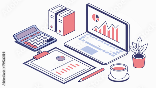 Isometric illustration of a workspace with laptop charts calculator and office supplies.