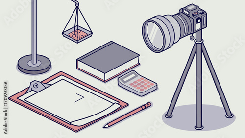 Isometric Illustration of Camera Equipment Stationery and Measuring Tools.