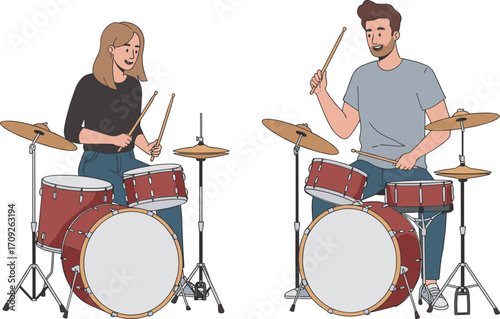Young man and woman playing drums together illustration in flat style musical performance concept for band rehearsal and entertainment projects