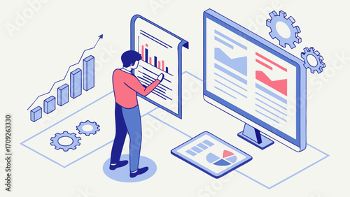 Isometric illustration of data analysis charts graphs and business person reviewing reports.