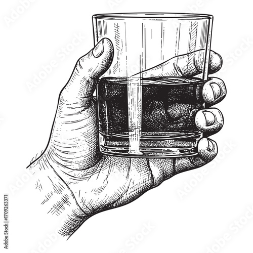 Hand Holding a Glass of Drink Hand-Drawn Sketch