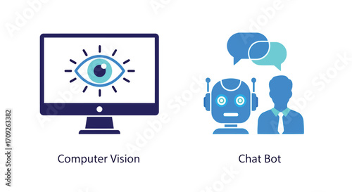 Vector illustration of illustration showing computer vision technology with an eye on a screen and a chatbot with speech bubbles