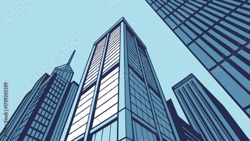 Low-Angle View of Modern Skyscrapers Urban Architecture Illustration Cityscape Design Business Background Abstract Building Facades.