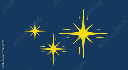 Three bright yellow starbursts sparkle against a deep blue background, creating a festive and celebratory mood.