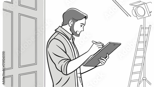 Man writing notes on a clipboard on a film set movie production behind the scenes illustration.