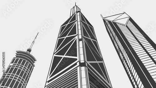 Low-angle view of three stylized skyscrapers modern architecture illustration grayscale design urban scene city buildings business district geometric shapes abstract cityscape architectur.