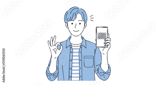 Happy young man showing a smartphone with a grid app and making an okay gesture for your project