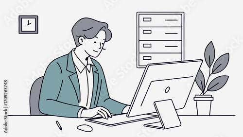 Person working at desk computer office business professional worker illustration graphic design minimalist simple modern clean workspace technology digital productivity efficienc.