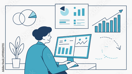 Person working on computer with financial charts and graphs illustration business analytics data analysis market research financial report.