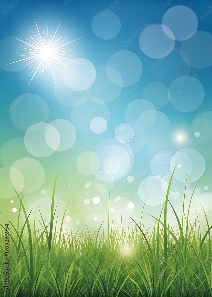 Obraz premium An abstract, sunny day in a field. The foreground shows a vibrant green grassy field, with blades of grass silhouetted against a softly lit background. The sky, which takes up the majority.