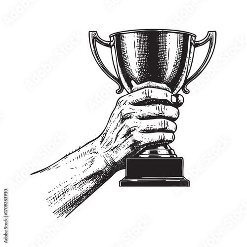Hand Holding Up a Winner's Trophy Hand-Drawn