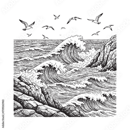  Seascape with Crashing Waves and Seagulls Hand-Drawn
