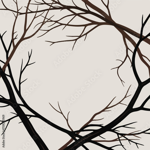 Abstract illustration of intertwined bare tree branches creating a circular frame against a neutral background.