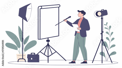 Presentation Speaker Studio Lighting Flip Chart Business Meeting Conference Webinar Training Education Seminar Office Workplace Professional Modern Minimalist Illustration Graph.