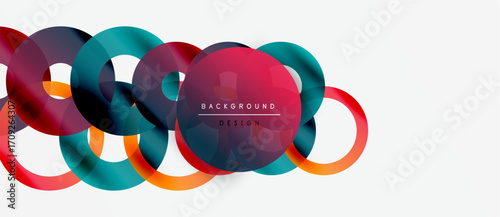 Abstract colorful circles overlap. Modern design features vibrant hues, creating dynamic visual impact. Simple background enhances shapes.