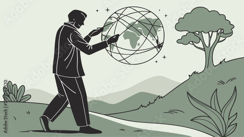 Silhouette of a person interacting with a globe in a natural landscape illustration.