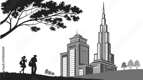 Silhouette of people walking near skyscrapers and trees urban landscape illustration.
