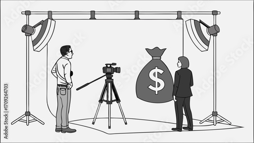 Studio filming of a person with a money bag backdrop video production financial concept illustration.