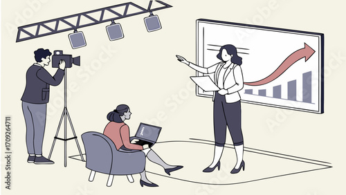 Studio filming business presentation professional video production growth chart team meeting corporate video online conference marketing sales success webinar interview presentation r.