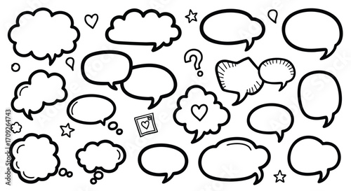 Doodle speech bubbles and icons set for creative communication and ideas