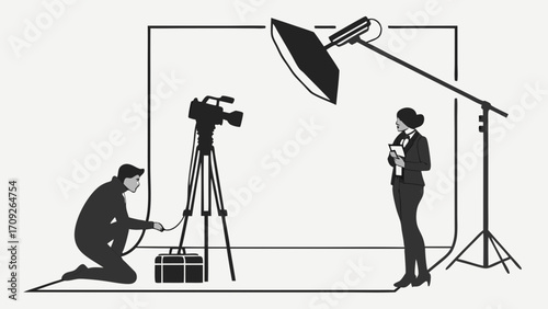Studio filming television production news broadcast video recording interview set professional cameraman lighting equipment tripod camera operator presenter film crew media broadcasti.
