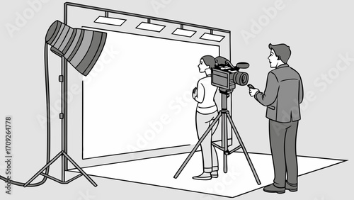 Studio filming television production news broadcasting video recording film set camera operator presenter lighting equipment tripod backdrop broadcast interview media television stud.