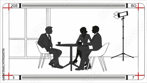 Studio filming three people interview business meeting film production talk show professional discussion corporate video news broadcast media production television show interview set b.