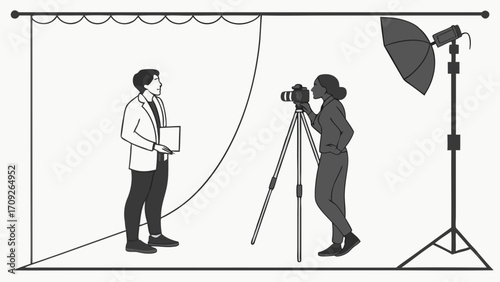 Studio Photography Session Photographer with Subject and Lighting Equipment.