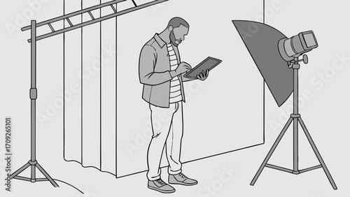 Studio Photography Setup Person Using Tablet Behind the Scenes Photo Shoot Illustration.