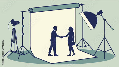 Studio photography business people handshake professional photoshoot backdrop lighting equipment camera tripod deal agreement partnership collaboration success meeting negotiation c.