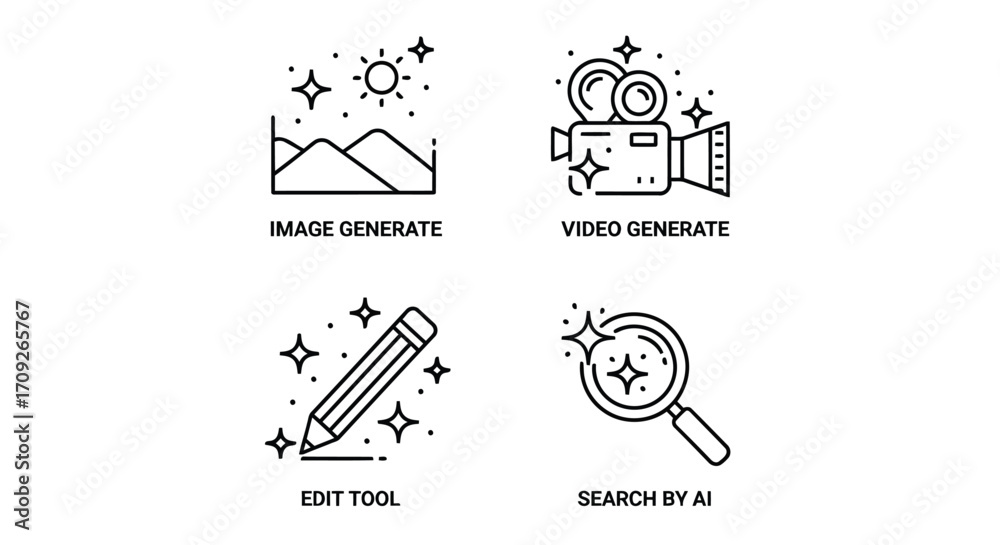 Fototapeta premium Vector illustration of aipowered tools icons representing image and video generation, edit tool, and search by ai for creative tasks