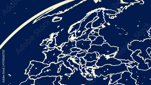 Stylized World Map Outline Continent Illustration Abstract Geographic Design Dark Blue Background.