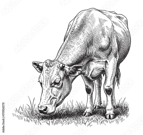  Cow Grazing in a Field Hand-Drawn Sketch