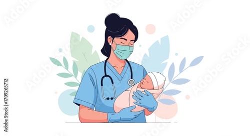 Adobe illustrator artwork vector illustration. A masked doctor or nurse wearing a stethoscope and gloves holds a sleeping newborn baby, surrounded by soft foliage