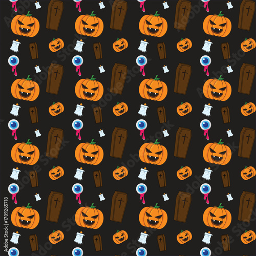 Seamless Halloween pattern featuring scary jack-o'-lantern pumpkins, wooden coffins, dripping eyeballs, and spooky candles on a dark background. Perfect for Halloween wrapping paper, party decorations