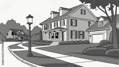 Suburban Homescape Illustration Houses Walkway and Greenery.